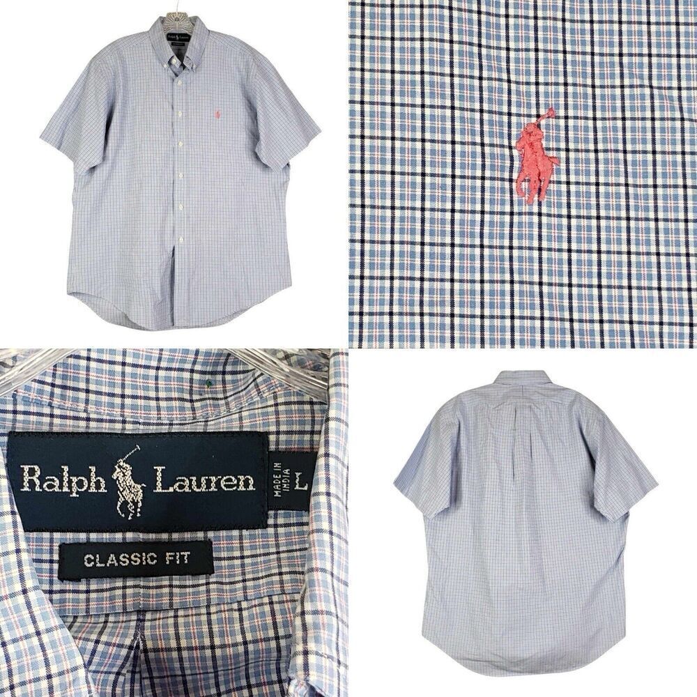Polo Ralph Lauren Shirt Oxford Mens Size Large Blue Plaid SS Button Down